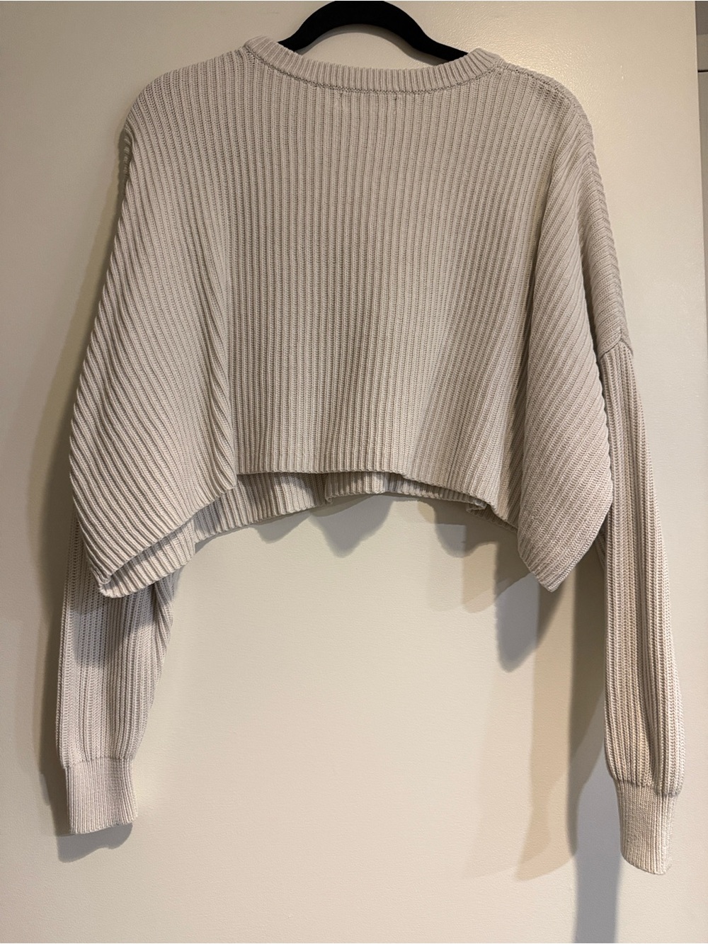 INTERMIX Cropped Rib-Knit Crewneck Sweater in Cream